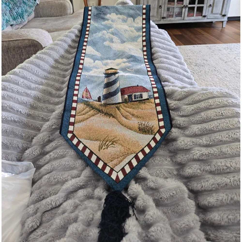 Nautical Lighthouse Woven Tapestry Table Runner Coastal Beach Decor Tassel 68in